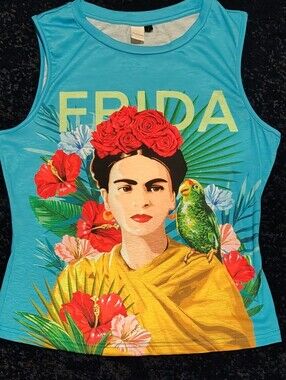 Frida Kahlo Graphic Tank Top in Turquoise w Exotic Tropical Floral Print M/L